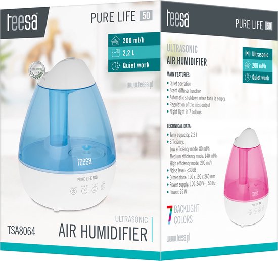 Teesa PURE LIFE 50 Serie - Ultrageluid Luchtbevochtiger - 2,2L - Stille Werking - LED Lamp 7 Kleuren