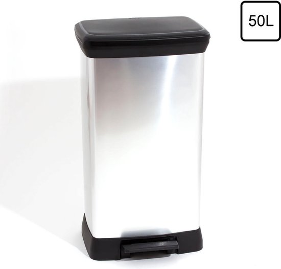 Curver Vuilnisbak met Pedaal - Plastic - 50 liter - Zwart / Zilver