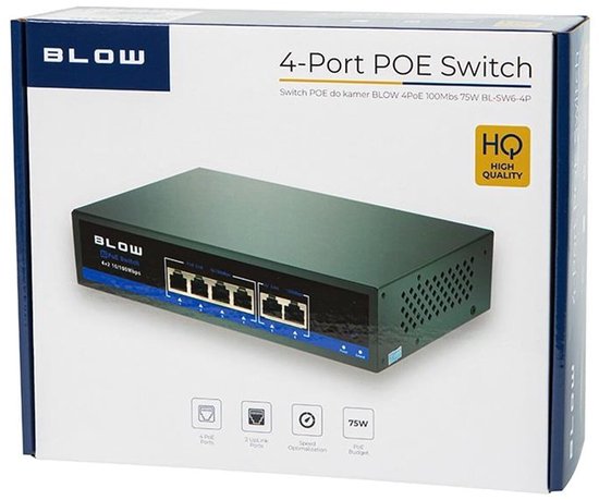 Blow Netwerk switch - 4+2 poorts - 4x 10/100Mbps - 2x Up link 100Mbps - PoE Switch - BL-SW6-4P - Zwart