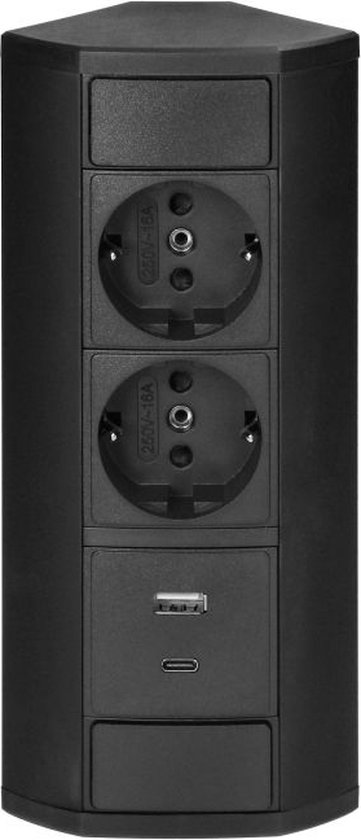 Orno Hoekstekkerdoos - Stekkerblok met 2 Stopcontacten - Verdeelstekker met USB A & C - Opbouw Stekkerdoos met 60 cm kabel - Zwart