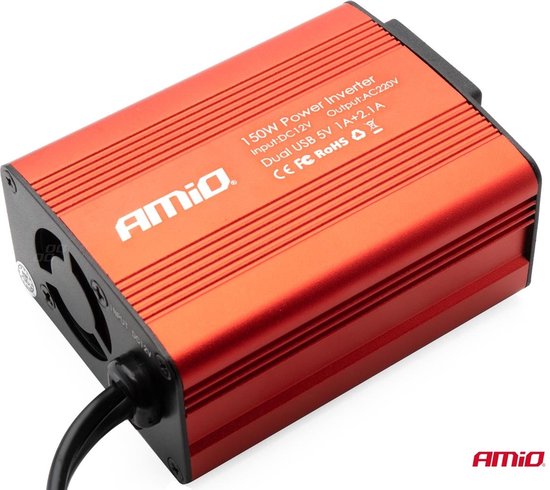 AMiO Stroom Omvormer 12V/230V Sigarettenplug naar Stopcontact Rood (2 x USB) 150W/300W
