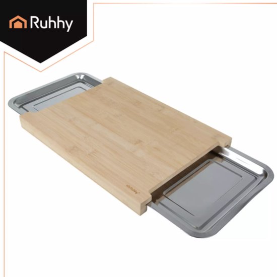 Trizand Ruhhy Bamboe snijplank met 2 uittrekbare RVS bakjes 40 x 28,5 cm voor overzichtelijk koken