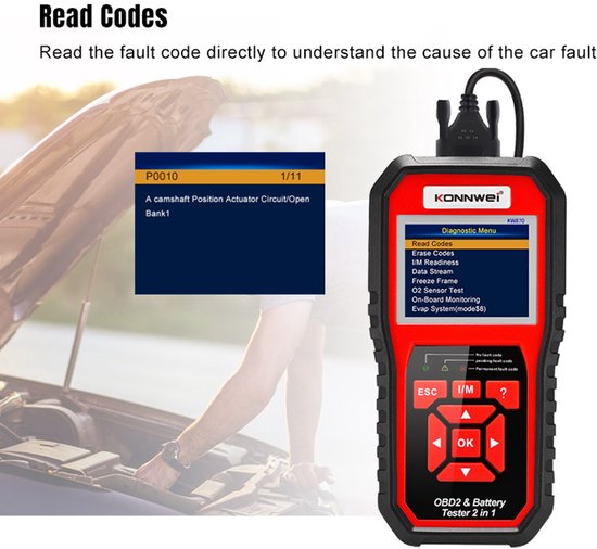 Konnwei KW870 Serie - Diagnostische OBD2 Scanner - Accutester - 6-18V Batterijen - LCD Scherm