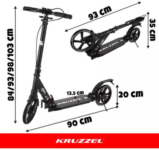 Kruzzel Opvouwbare step zwart wit met 20 cm wielen, verstelbaar stuur 84 tot 103 cm en maximaal 100 kg belastbaar