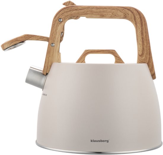 Klausberg 7917 - Fluitketel met fluit - 2.5 liter - RVS - beige - houten handvat