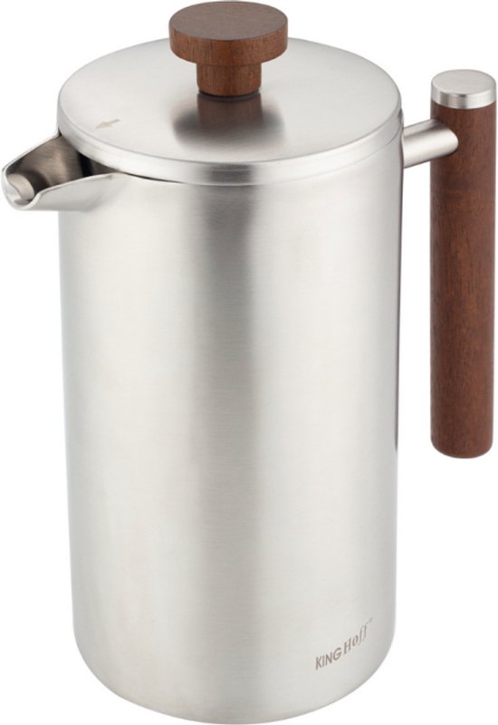 KINGHoff French Press 1 Liter – RVS 304 – Dubbelwandig – Houten Handgreep – Luxe Koffie & Thee Zetter – KH-1995