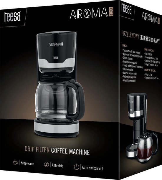 Teesa TSA4006 - Koffiezetapparaat AROMA 100, 1,5 liter, warmhoudfunctie, druppelblokkade, zwart