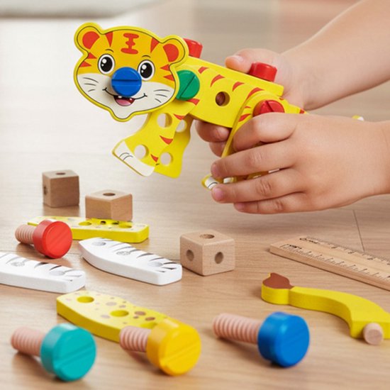 Kruzzel Houten gereedschapskist voor kinderen – bouwset met gereedschap, schroeven en dierenfiguren