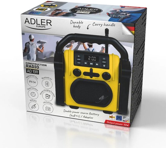 Adler Ad 1911- Digitale Radio - bouwradio - Bluetooth 5.1 - IPX 54 - vermogen 10 W -Geel