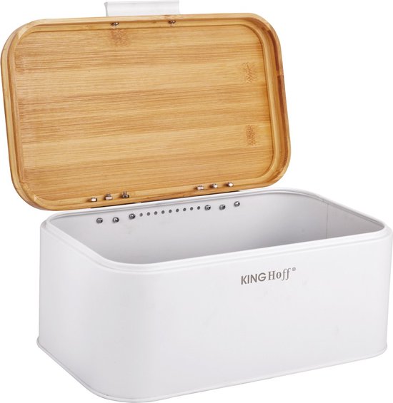 KINGHOFF - Broodtrommel - Brooddoos - Compacte Broodbox met Deksel - Brood Bewaarbox Keuken - Moderne Broodtrommel - Staal - 30 x 20 cm - Wit
