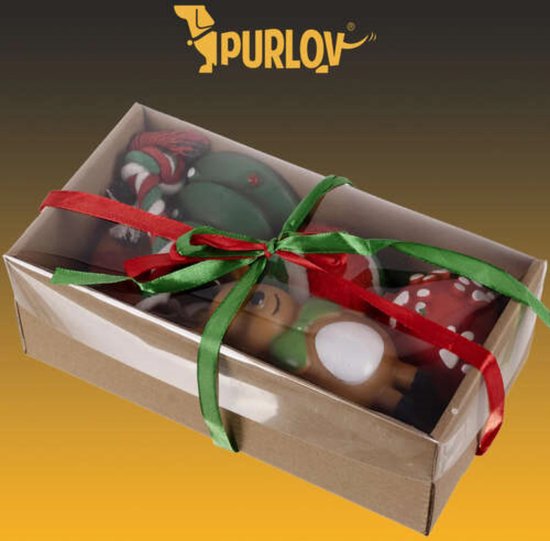 Purlov Kerstgeschenkset voor Honden - 6 Feestelijke Speeltjes - Veilig en Duurzaam