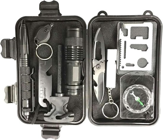 Survival Kit - Bushcraft Kit - Outdoor Noodpakket - Camping Set - Overleving Kit - Inclusief Opbergcase - Zaklamp - Kompas - Mes - Noodpakket - Outdoor - Vuurstarter - Draadzaag - Nood Fluitje