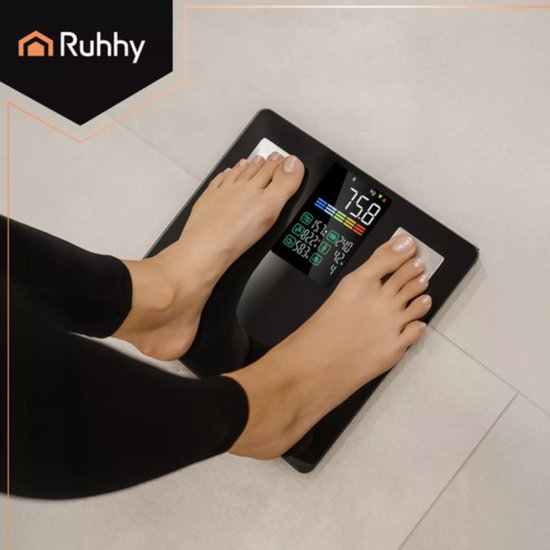 Ruhhy Slimme analyse personenweegschaal zwart 226 kg met LCD-display en Feelfit app