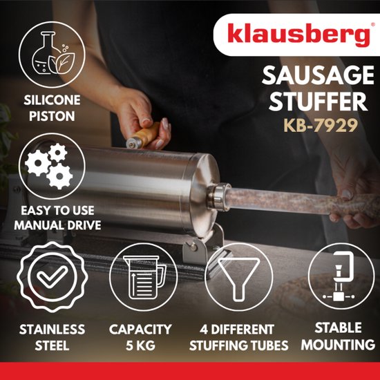Klausberg KB-7929 Horizontale Worstvuller | 5 kg Capaciteit | RVS | Professioneel | Met Klemmen en Zuiger | Worstmaker | Vleesvuller
