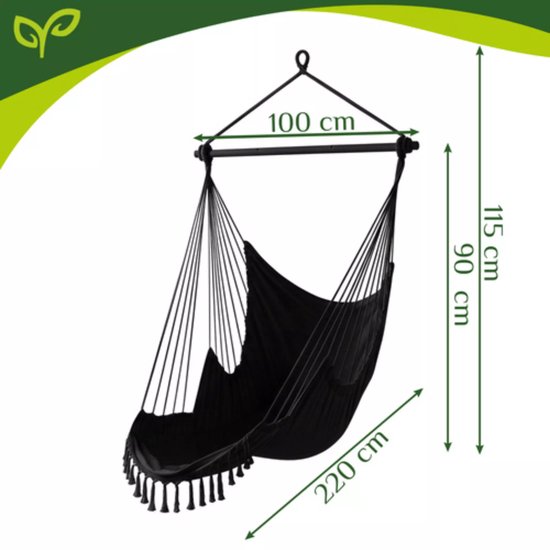 Gardlov Hangstoel Zwart met Kussens en Voetensteun 210 cm – Hangmatstoel voor Tuin, Balkon of Woonkamer – Max. 150 kg – Inclusief Ophangband