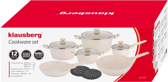 Klausberg KB-7959 Pannenset 12 Delig Beige | Marmer Anti-aanbaklaag | Inclusief Koekenpan en Wok | Geschikt voor Inductie | Cremewit