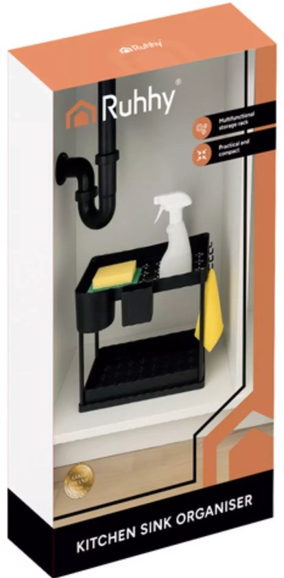 Ruhhy gootsteen organizer 2-laags – zwart rek met uittrekbare planken voor keuken en badkamer