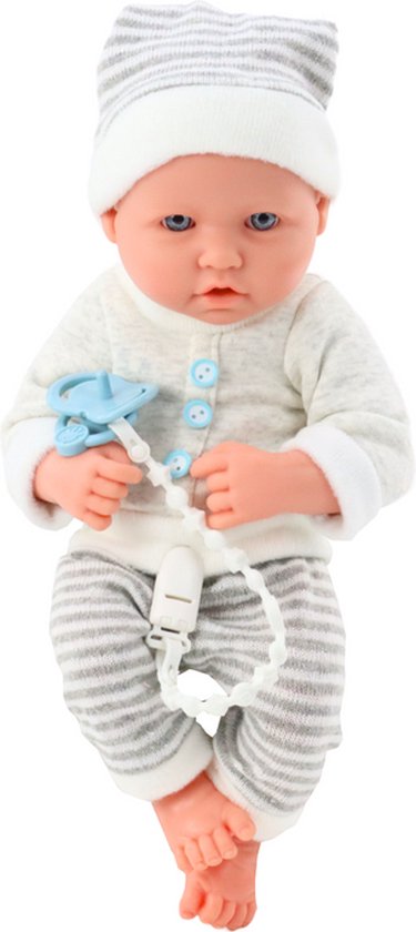Levensechte babypop - wit/grijs gestreept - 35x16x10 cm - incl accessoires