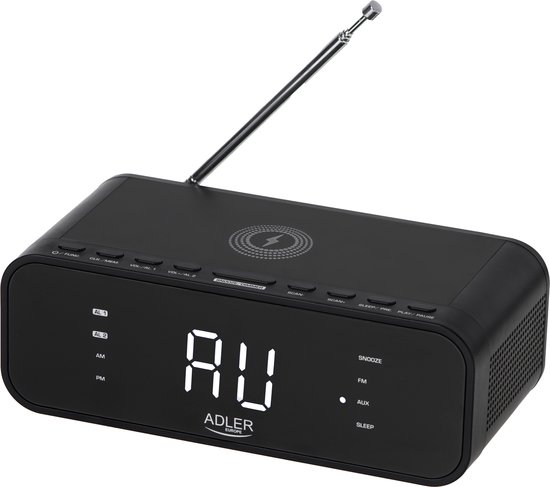 Adler 1192B - Wekkerradio met draadloze oplader voor je telefoon - zwart