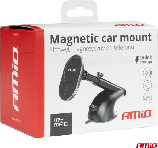 AMiO Magnetische Autohouder met 15W Qi Draadloze Oplader en MagSafe - Verstelbare Arm en Zuignap Zwart