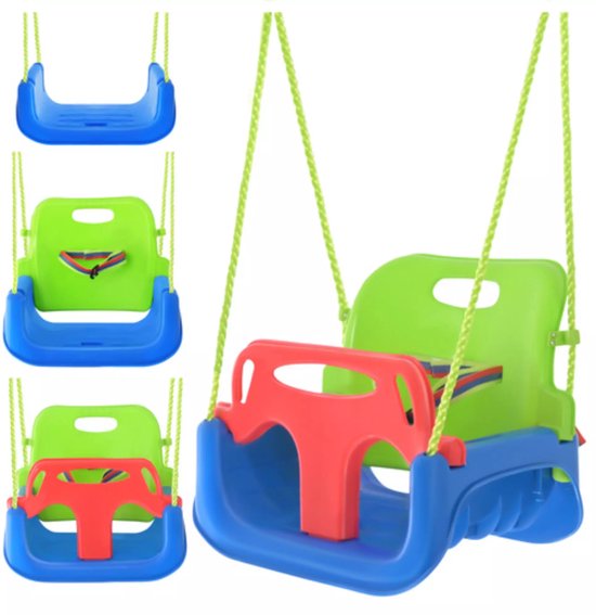 Kruzzel 3-in-1 kinderswing blauw groen rood met veiligheidszitje 43 x 38 x 37,5 cm en verstelbare touwen 120 tot 150 cm
