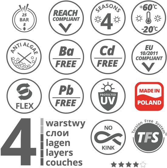 Vartco - 4-lagige Tuinslang 1/2" 30m | Voedsel veilig Anti Twist tuinslang | flexibele slang Tricot vlecht UV-bestendig 25 Bar