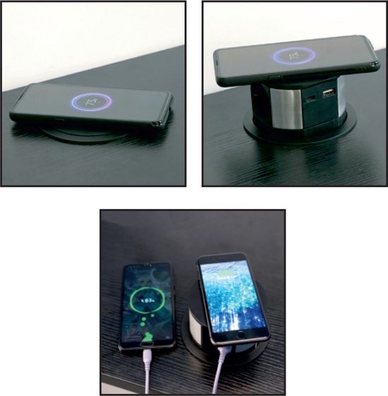 Pop-up stekkerdoos met Qi draadloze oplader - 3 Stopcontacten - USB-A+C - Quickcharge 3.0