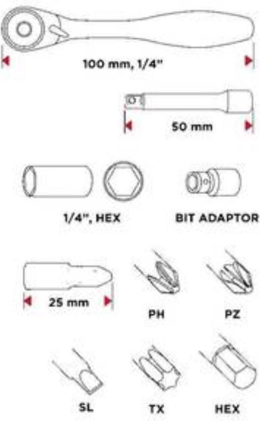 GRAPHITE Bit-dopset 26-Delig - Ratelbitset - Handige Mini Ratel - S2 Staal - Pro Ratel - Zyklop Doppen