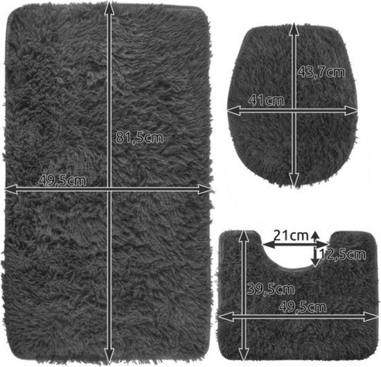 Ruhhy Badmatten set - 3-delig - hoogpolig - grijs - voor toilet en douche - met anti-slip laag