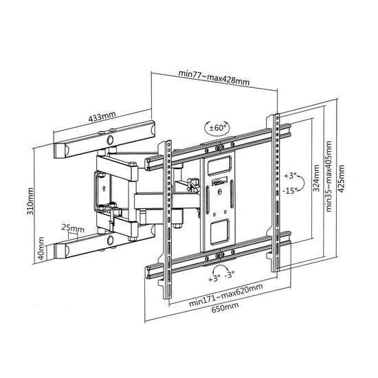 Maclean MC-881 - TV-beugel - TV-houder - Draaibare TV beugel - 37-85" - max vesa 600x400 - tot 60kg - Zwart