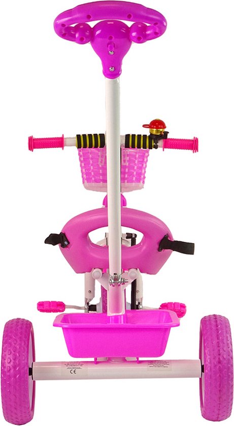 Driewieler - met duwstang en fietsmandje- 95x48x90cm - roze