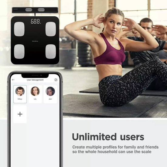 Klausberg 7852 - Slimme Bluetooth Personenweegschaal met Lichaamsanalyse en Handgreep – Gewicht, BMI, Vetpercentage, Spiermassa, Kleurendisplay - zwart