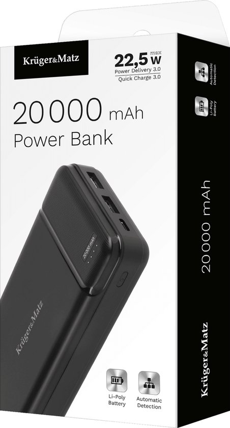 Krüger&Matz Powerbank - 20000 mAh - 1x USB-A 1x USB-C - Quick Charge 3.0 - 20W - Zwart