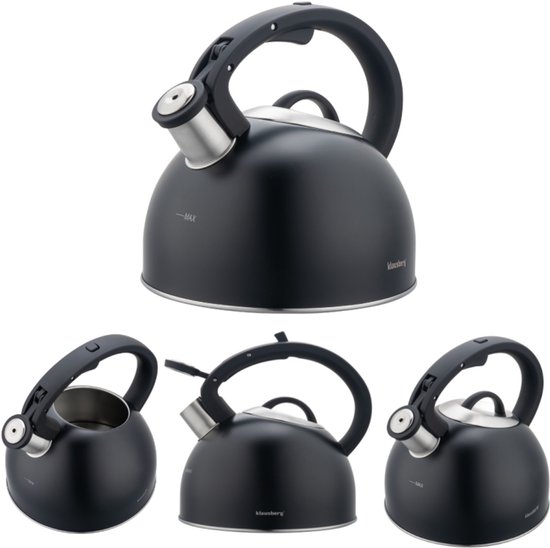 Klausberg 7911 - Fluitketel met fluit - 2.5 liter - RVS - zwart
