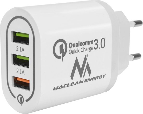 Maclean Energy MCE479 W - Adapter oplader - Oplaadstekker - wit Qualcomm Quick Charge QC 3.0 - 3.6-6VV / 3A, 6-9V / 2A, 9-12V / 1.5A en 2 stopcontacten 5V / 2.1A Wit