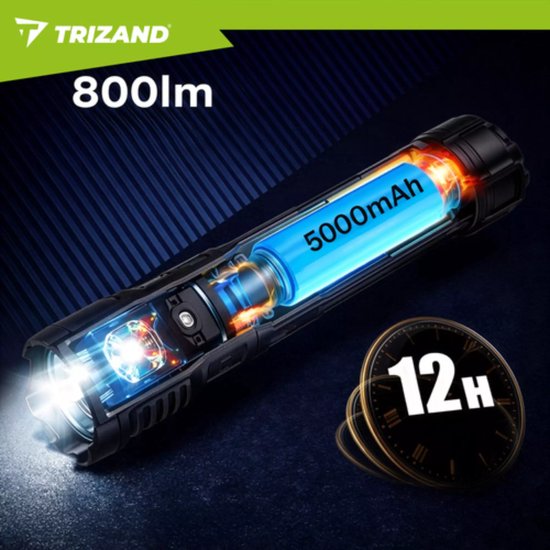 Trizand Tactische LED zaklamp 800 lumen zwart aluminium met zoom, USB-C opladen en 5000 mAh batterij