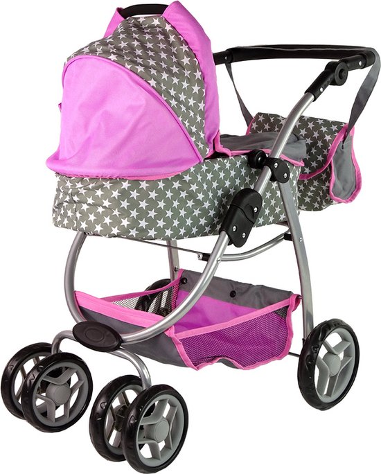 2-in-1 Poppenwagen met tas - Grijs, roze, wit met sterren - Kinderwagen en reiswieg voor poppen tot 40 cm - Geschikt vanaf 3 jaar