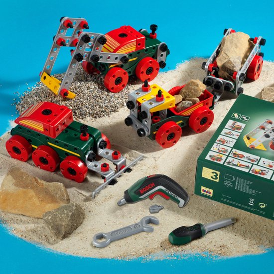 Klein Toys Bosch mini - Multitech Ixolino II bouwpakket - 107 onderdelen, schroevendraaier, steeksleutel en accuschroevendraaier - incl. handleiding voor 11 modellen - groen rood geel