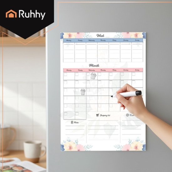 Ruhhy magnetische koelkastplanner 60x45 cm – droog uitwisbare week- en maandplanner met marker