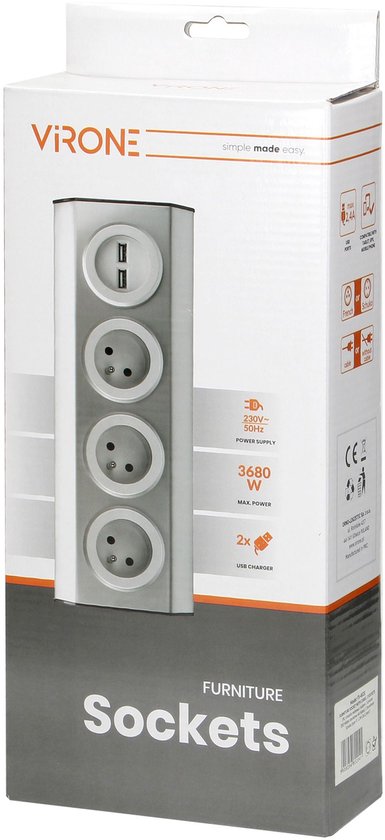 Orno Hoekstekkerdoos - Stekkerdoos met 3 stopcontacten - 2 USB A -Stekkerblok met 1.5 meter kabel - RVS
