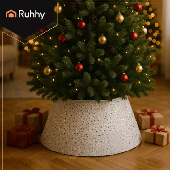 Ruhhy kerstboomhoes 60x22 cm wit met zilver – elegante afwerking voor je kerstboom