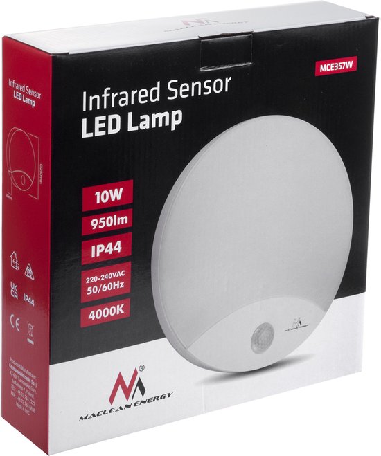 Maclean - LED-lamp met bewegingsmelder | 10W - IP44 - natuurlijk wit (4000K) 900lm - Wit
