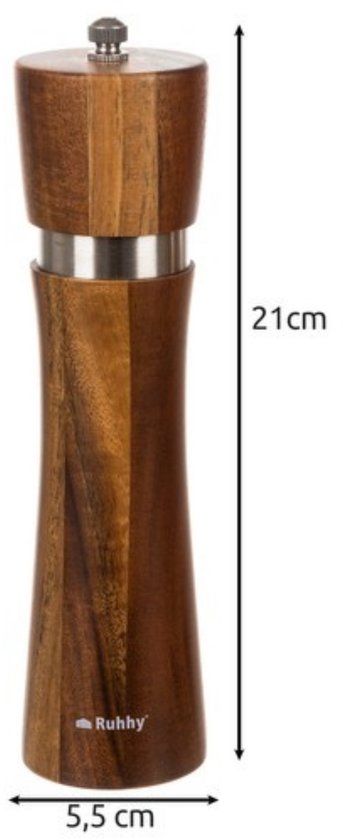 Ruhhy Zout- en pepermolen set - acacia hout - 21 x 6 cm - pepermolens en zoutmolens