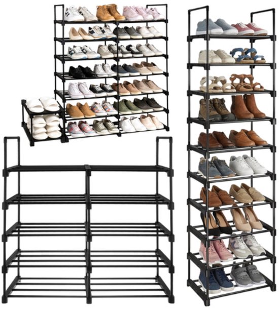 Ruhhy Schoenenrek 10 niveaus 45 x 30 x 174 cm zwart, tot 20 paar schoenen met extra slippersschap