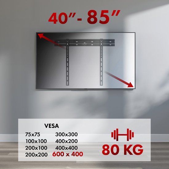 Maclean - TV houder - Ultra platte muurbeugel voor TV - 40-85" - max VESA 600x400 - tot 80kg, MC-123