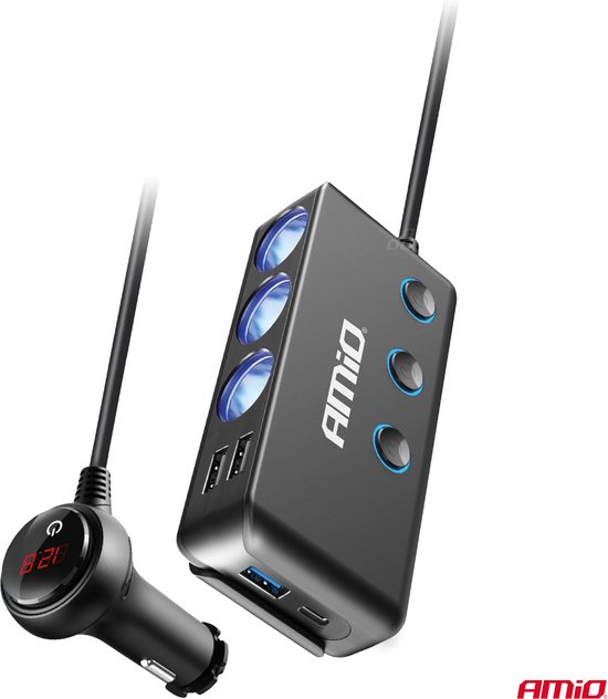 AMiO 3 Dubbele Sigarettenaansteker Plug Splitter met (3x USB-A & 1x USB-C) 12V/24V en Voltmeter Zwart