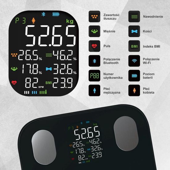 Klausberg 7854 - Slimme Bluetooth Personenweegschaal met Lichaamsanalyse – Gewicht, BMI, Vetpercentage, Spiermassa, Kleurendisplay - Zwart