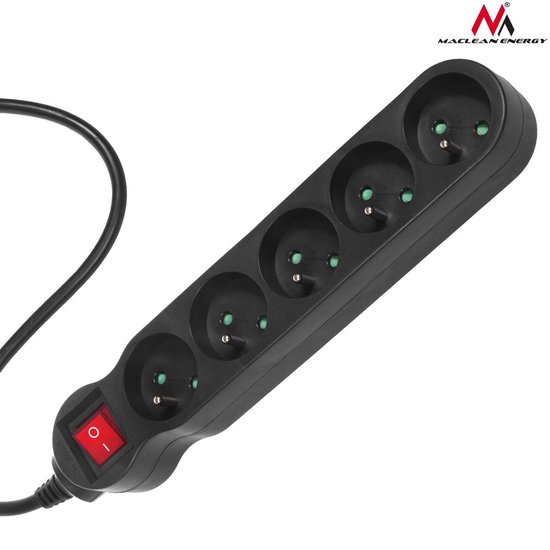 Stekkerdoos 5-voudig met penaarde Maclean Energy MCE185 5 m snoer verlengsnoer zwart