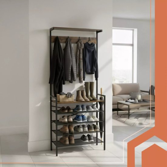 Ruhhy staande kapstok 189 cm – metalen frame met houten planken en 5 dubbele haken, industrieel ontwerp voor hal of kantoor