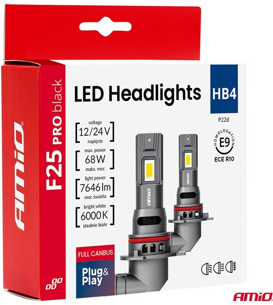 AMiO F25 PRO BLACK Edition HB4 LED Koplampen 12/24V 7646 Lumen 6000K Daglichtwit FULL CANBUS